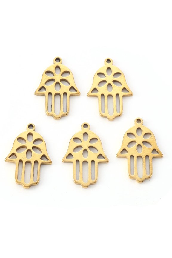 100 pc Theme PVD Vacuum Plating 201 Stainless Steel Pendants Laser Cut Hamsa Hand/Hand of Fatima/Hand of Miriam Real 18K golden Plated 18x12x1.5mm Hole: 1.2mm