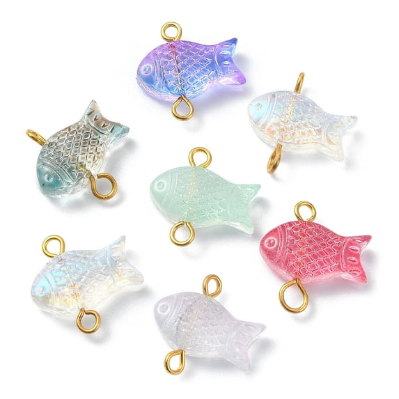 100 pc Spray Painted Transparent Glass Connector Charms Fish Links with Golden Plated 304 Stainless Steel Double Loops Mixed color 15.5x15.5x5mm Hole: 1.6mm