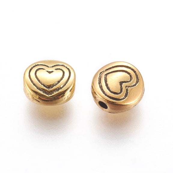 100 pc Tibetan style Alloy Beads Flat Round with Heart Antique Golden Lead Free Cadmium Free Nickel Free 6x6x3mm Hole: 1.5mm