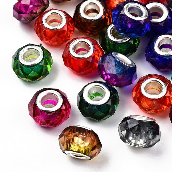 100 pc Transparent Resin European Beads Imitation Crystal Two-Tone Large Hole Beads with Silver Tone Brass Double Cores Faceted Rondelle Mixed Color 14x8.5mm Hole: 5mm