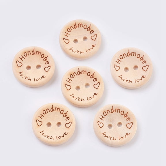 100 pc Wooden Buttons 2-Hole with Word Flat Round with Word Handmade with Love Blanched Almond 25x4mm Hole: 2.5mmDIY