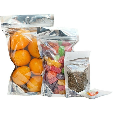 100 pcs 6"x9.5" Mylar Clear/Silver Aluminum Foil Resealable Stand Up Bags Heat Seal Zipper Lock Reusable Storage Pouches for Zip Food Storage Lock Packaging with Tear Notches