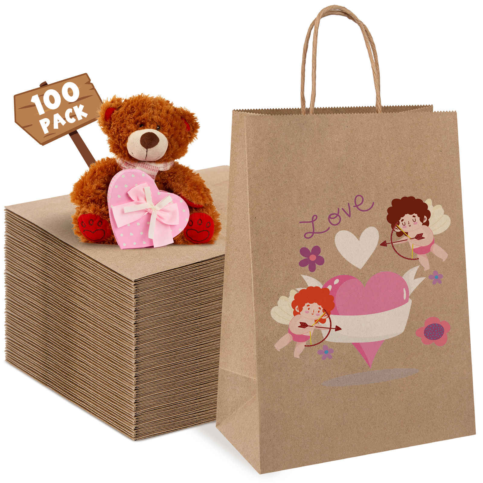 100 pcs 8x4.25x10.5" Solid Kraft Paper Bags, Brown Paper Gift Bags with