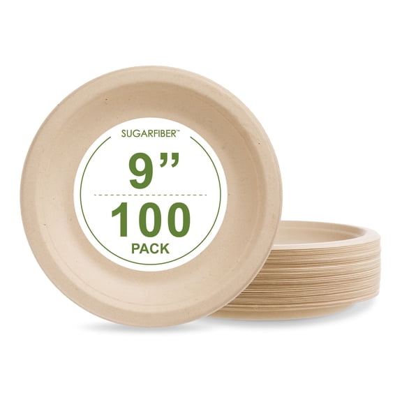 (100 pcs) 9" in Round Disposable Plates - Natural Sugarcane Bagasse Bamboo Fibers Sturdy Nine Inch Compostable Eco Friendly Environmental Paper Plate Alternative 100% by-product Tree Plastic Free