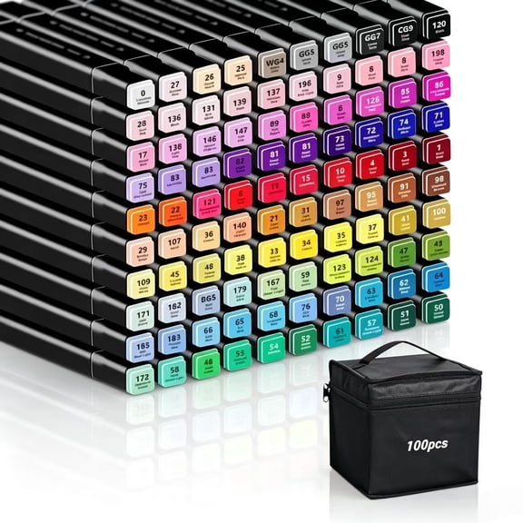 100 pcs Alcohol Markers Set, Double Ended Artist with Carrying Case Great for Coloring, Painting, Sketching, Card Making and Illustration