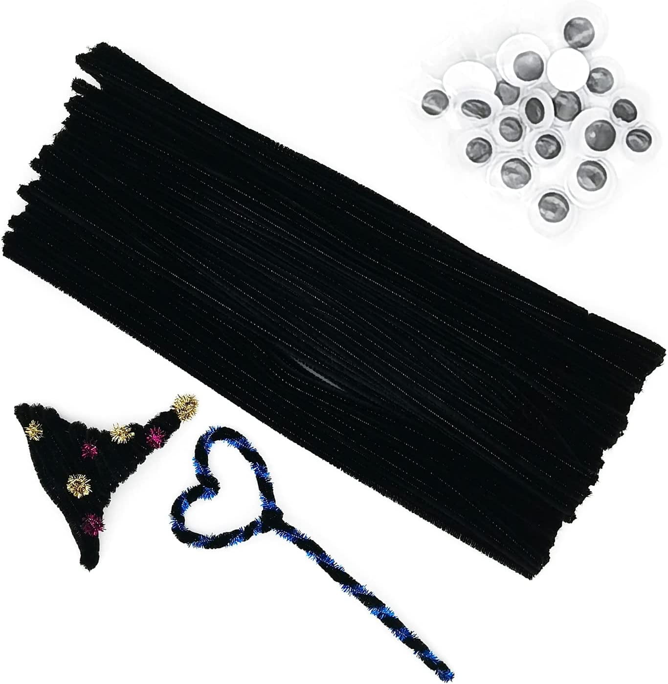 100 pcs Black Pipe Cleaners with 20 pcs Googly Eyes,Chenille Stems for