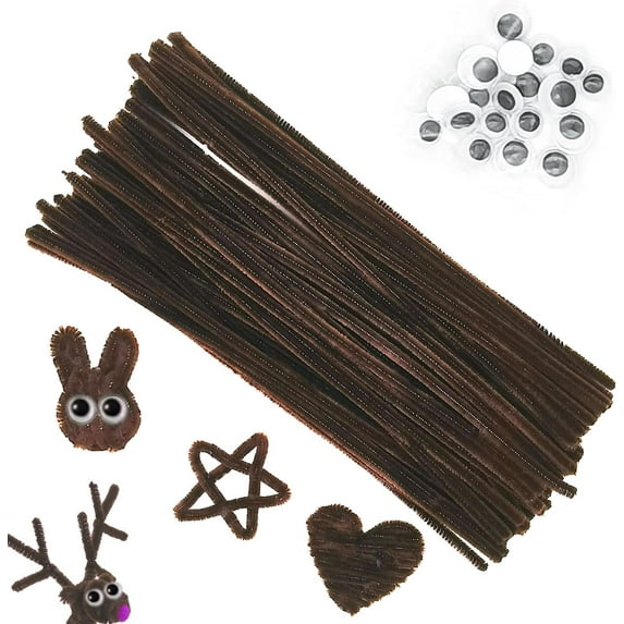 100 pcs Brown Pipe Cleaners with 20 pcs Googly Eyes,Chenille Stems for Craft Project,Craft Pipe Cleaners for Kids DIY Projects,Arts and Holiday Decoration
