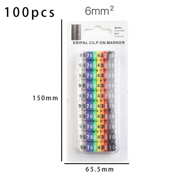 100 pcs Cable Markers for Wires 1.5–6 mm Diameter – color-Coded Numbered Labels (0–9), Clip-On Plastic Tubes, Industrial Electrical Identification Tags(6mm)