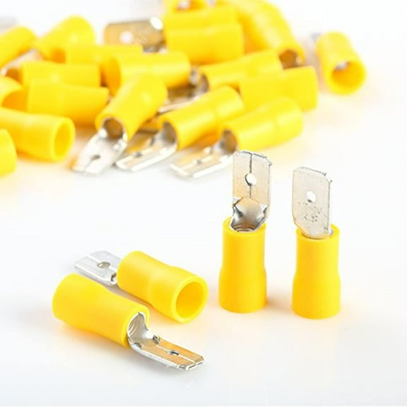 100 pcs Car Home Audio Yellow Male Quick Disconnector .250" 12-10 Gauge