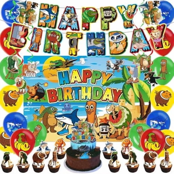 100 pcs Eid al-Fitr Italian Brainrot Party Decorations Shark in the Shoe Bombardiro Crocodilo Birthday Party Decoration Set Includes Banner, Balloons, Cake Topper (Happy Eid/Party Theme)Stickers