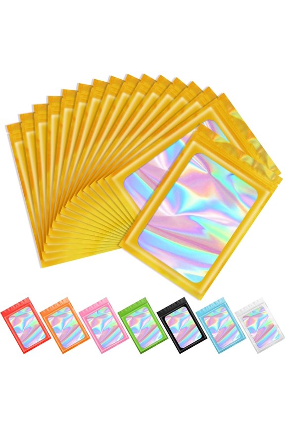100 pcs Gold Mylar Holographic Resealable Bags, Clear Odor Proof Foil Pouches for Food Storage, Lip Gloss, Jewelry, Eyelash Packaging, Small Business Supplies - 2.4 x 3.9 Inch