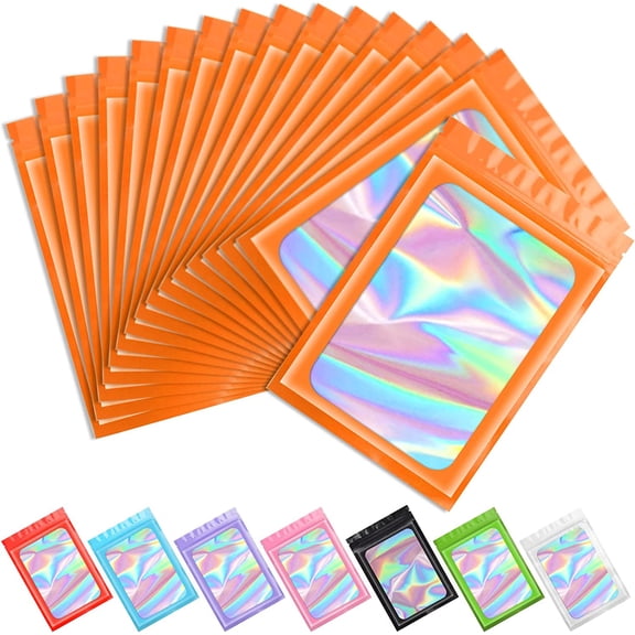 100 pcs Holographic Mylar Resealable Ziplock Bags, Clear Odor Proof Foil Pouches for Food Storage, Eyelash, Jewelry, Samples, Treats, Orange, 4x6 inches, Small Storage Bags