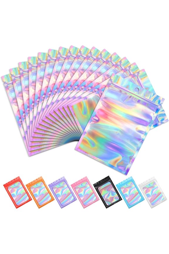 100 pcs Mylar Holographic Resealable Foil Pouch Bags, Clear Small Food Storage Bags, Party Favor Packaging, Zip Lock Baggies for Small Business, 3.1 x 5.1 in