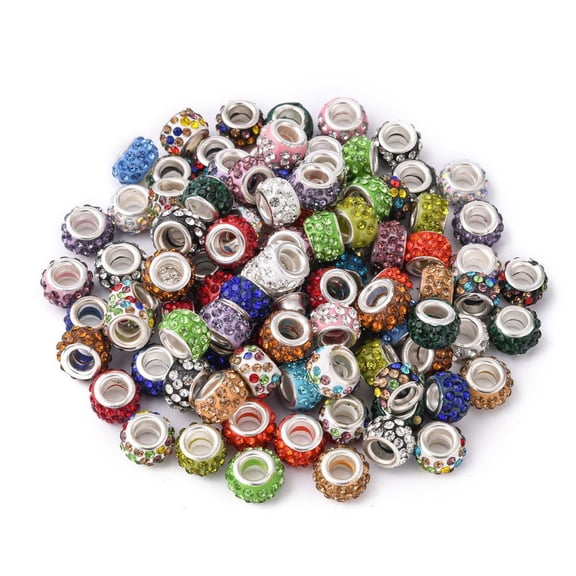 100 pcs Polymer Clay Rhinestone European Large Hole Beads with Silver Color Plated Brass Cores Rondelle Mixed Color 11~12x7~7.5mm Hole: 5mm