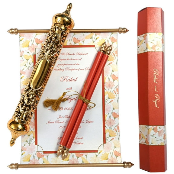 100 pcs Set- Red & Multi Color Scroll Invitation, Rich, Elegant, Anniversary, Engagement, Bridal Shower, Indian, Muslim, Christian, Mezuzah, Mitzvah, Scroll Case, Scrolls