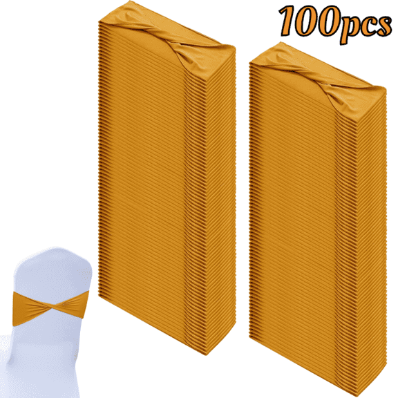 100 pcs Spandex Chair Sashes Bows Chair Sliders for Covers Elastic Bands Ties Without Buckle Decorations for Wedding Parties Events Ceremonies Birthdays (Mustard Yellow)