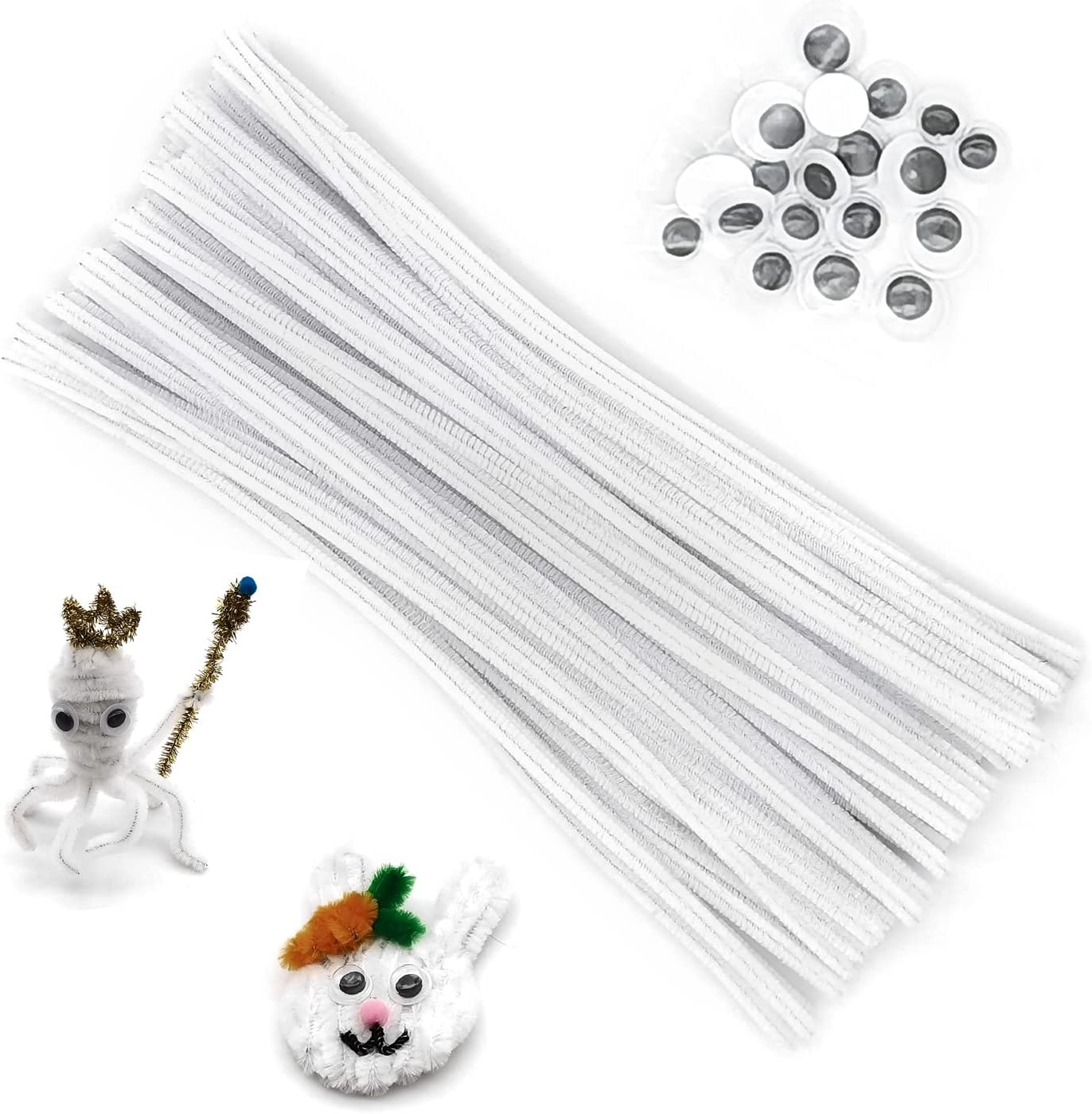 100 pcs White Pipe Cleaners with 20 pcs Googly Eyes,Chenille Stems for