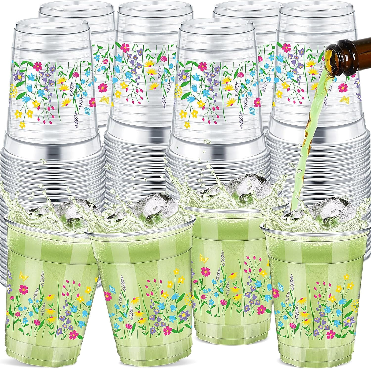 100 pcs Wildflower Disposable Cups Bulk 12 oz Clear Floral Plastic Cups Cold Beverage Flower Drinking Container for Spring Wedding Baby Shower Party