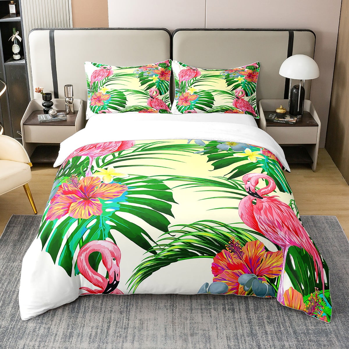 100 percent Cotton Tropical Flamingo Duvet Cover,Hawaii Summer Flowers