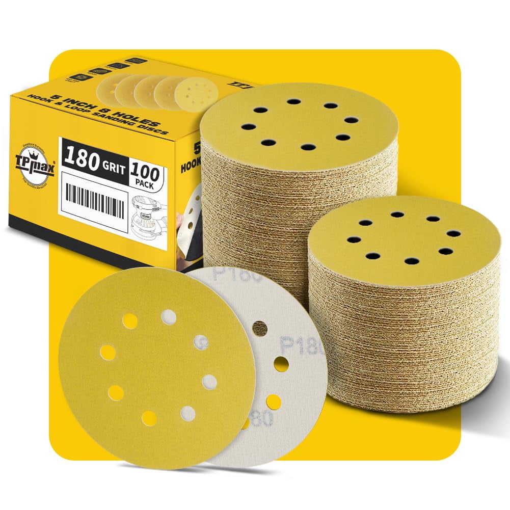 100-piece 5 inch 180 grit 1258-hole sandpaper discs - high-quality golden round hook and loop sandpaper for random orbital sanders - suitable for wood, metal, automotive.