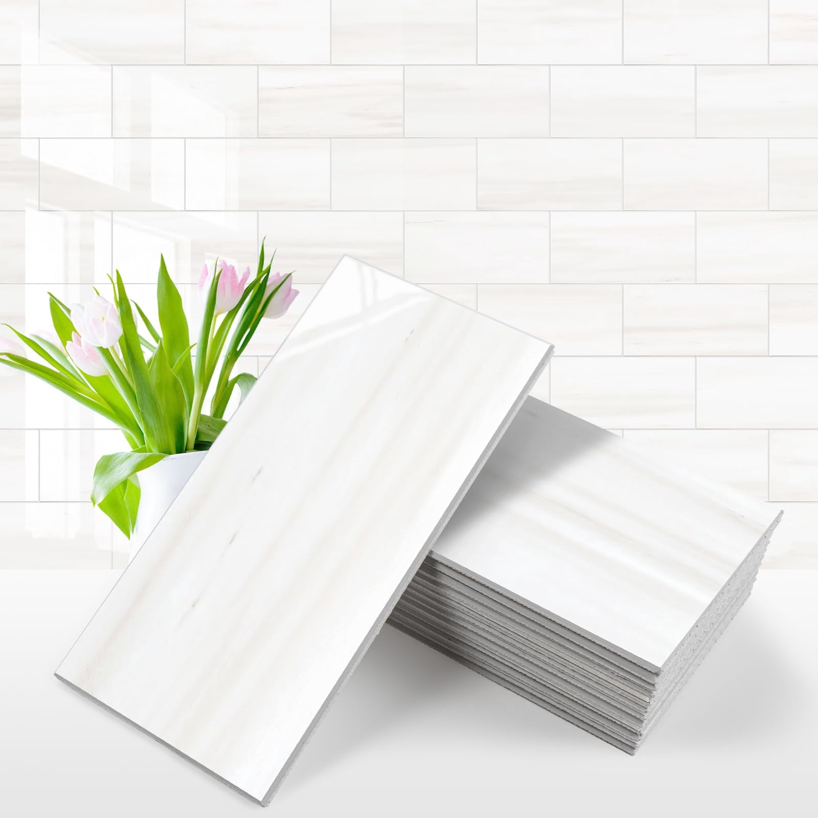 100-piece Glossy Dolomite White Peel And Stick Backsplash 3''x6'' Pvc Subway With Grout  On For Kitchen/bathroom/fireplace