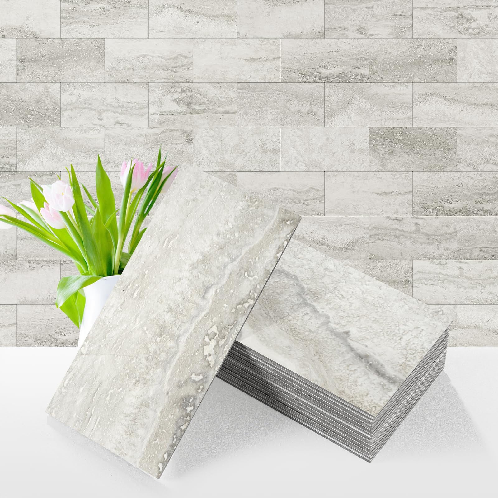 100-piece Matt Beige Mixed Grey Slate Peel And Stick Backsplash Seamless 3''x6'' Pvc Subway On For Kitchen/bathroom/laundry Room