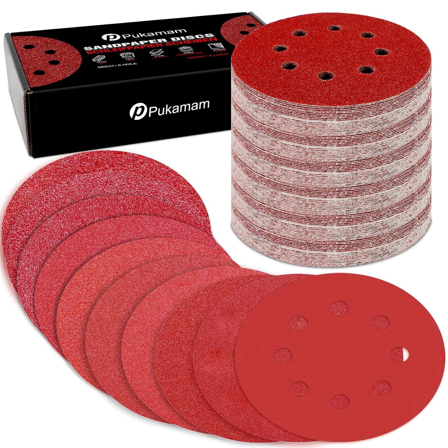 100 pieces 5-inch sandpaper disc, 60-80-120-180-240-320-400-600-1000-2000 grit, 8-hole hook and loop round sandpaper, suitable for random orbital sanders