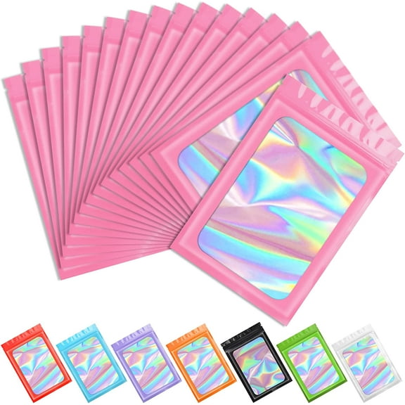 100 pieces Smell Proof Mylar Holographic Bags Packaging Bags, Resealable Odor Proof Bag Foil Pouch Bag for Food Storage Gloss Eyelash Jewelry(Pink,4.7x7.9Inch)