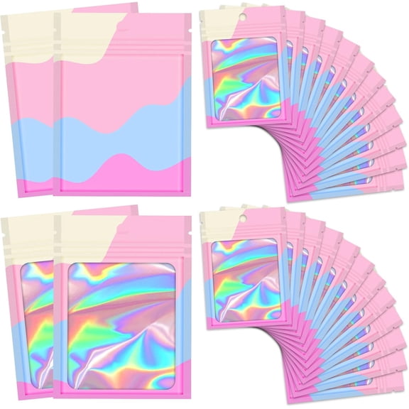 100 pieces of resealable bags with transparent window, holographic colorful packaging bags transparent small business party zipper bags 3.5 inches sample bags