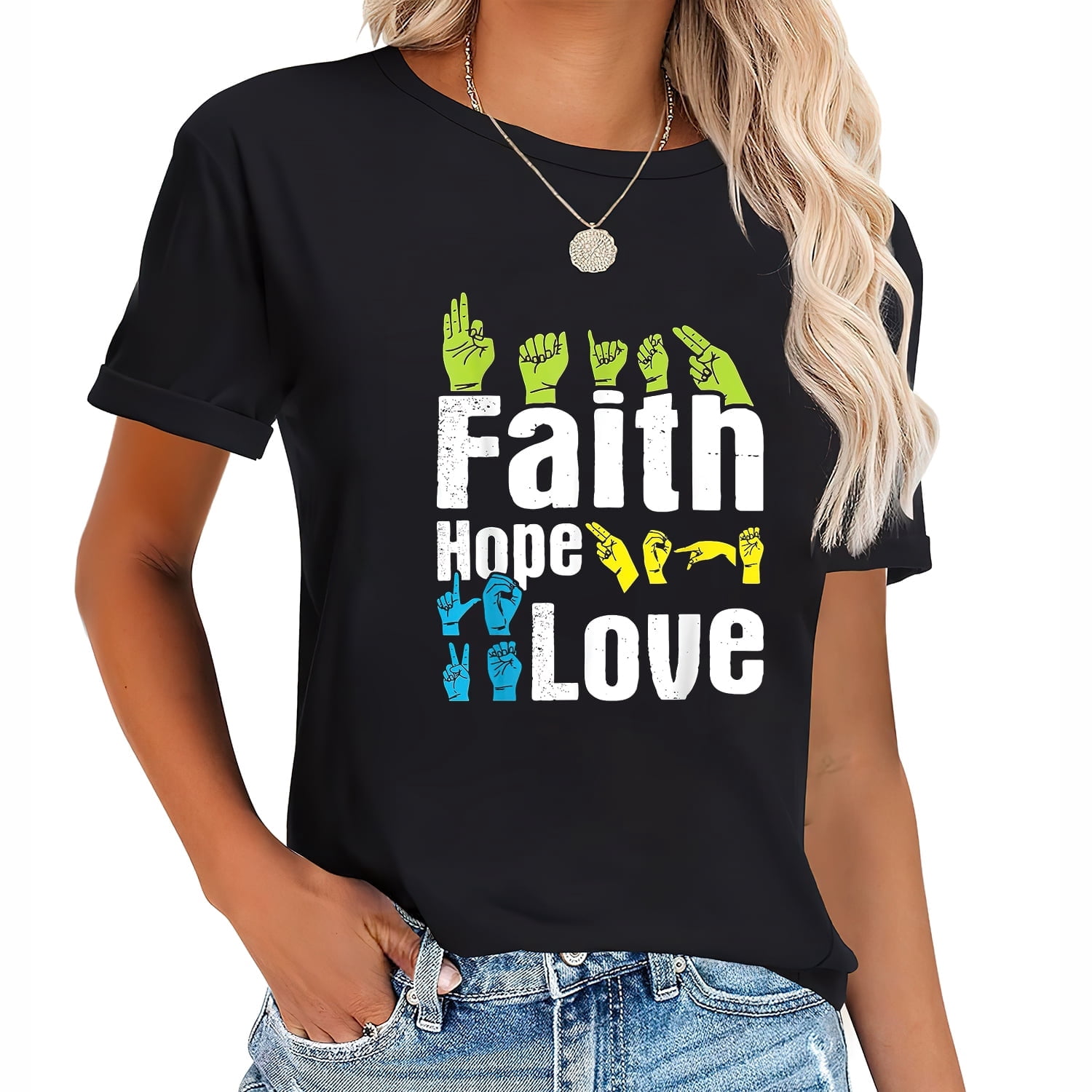 100% pure cotton Faith Hope Love Sign Language American Sign Language T ...