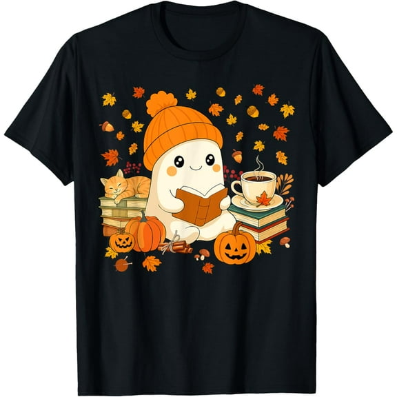 100% pure cotton for both men and womenCute Ghost Reading Book Lovers Autumn Fall Halloween Ghost T-Shirt