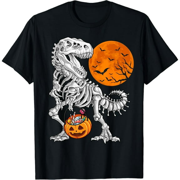 100% pure cotton for both men and womenHalloween Boys Dinosaur Skeleton T rex Scary Pumpkin Moon T-Shirt