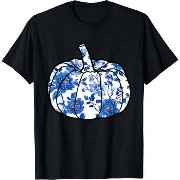 100% pure cotton for both men and womenHalloween Pumpkin Chinoiserie Blue & White Florals Pumpkin T-Shirt