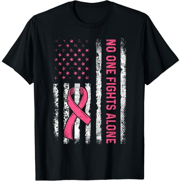 100% pure cotton for both men and womenNo One Fights Breast Cancer Alone American Flag Pink Ribbon T-Shirt