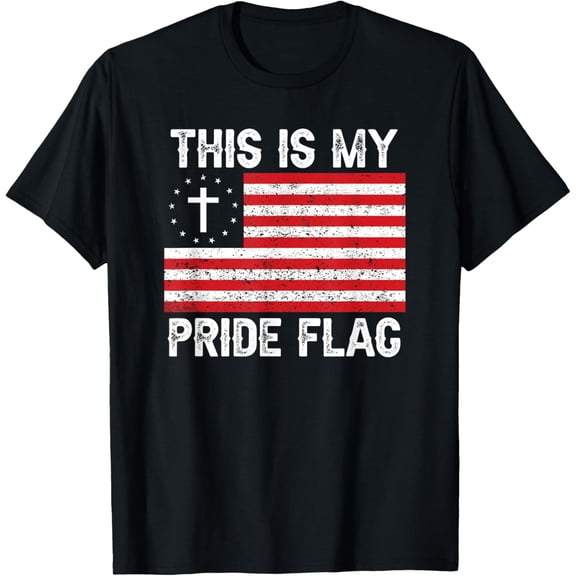 100% pure cotton short-sleeved men and womenThis Is My Pride Flag American Christian Cross 4th of July T-Shirt