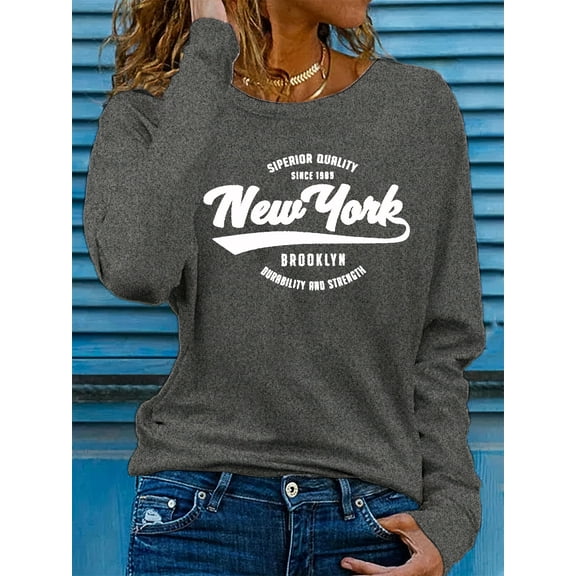 100% pure cotton women's spring and autumn loose and comfortable NEW YORK letter pattern printed long sleeved round neck T-shirt