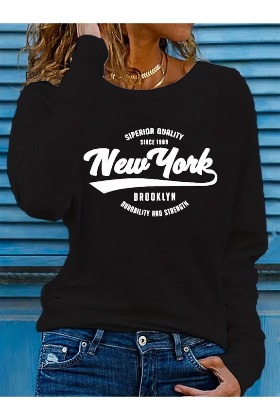100% pure cotton women's spring and autumn loose and comfortable NEW YORK letter pattern printed long sleeved round neck T-shirt