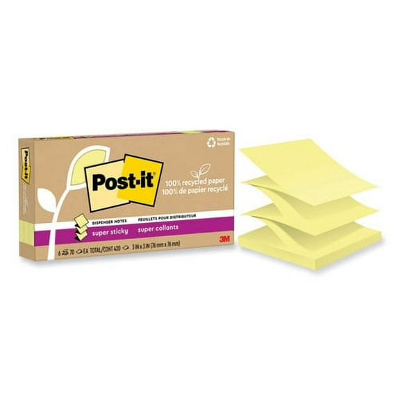 100% recycled paper super sticky notes, 3" x 3", canary yellow, 70 sheets/pad, 6 pads/pack | Bundle of 10 Packs