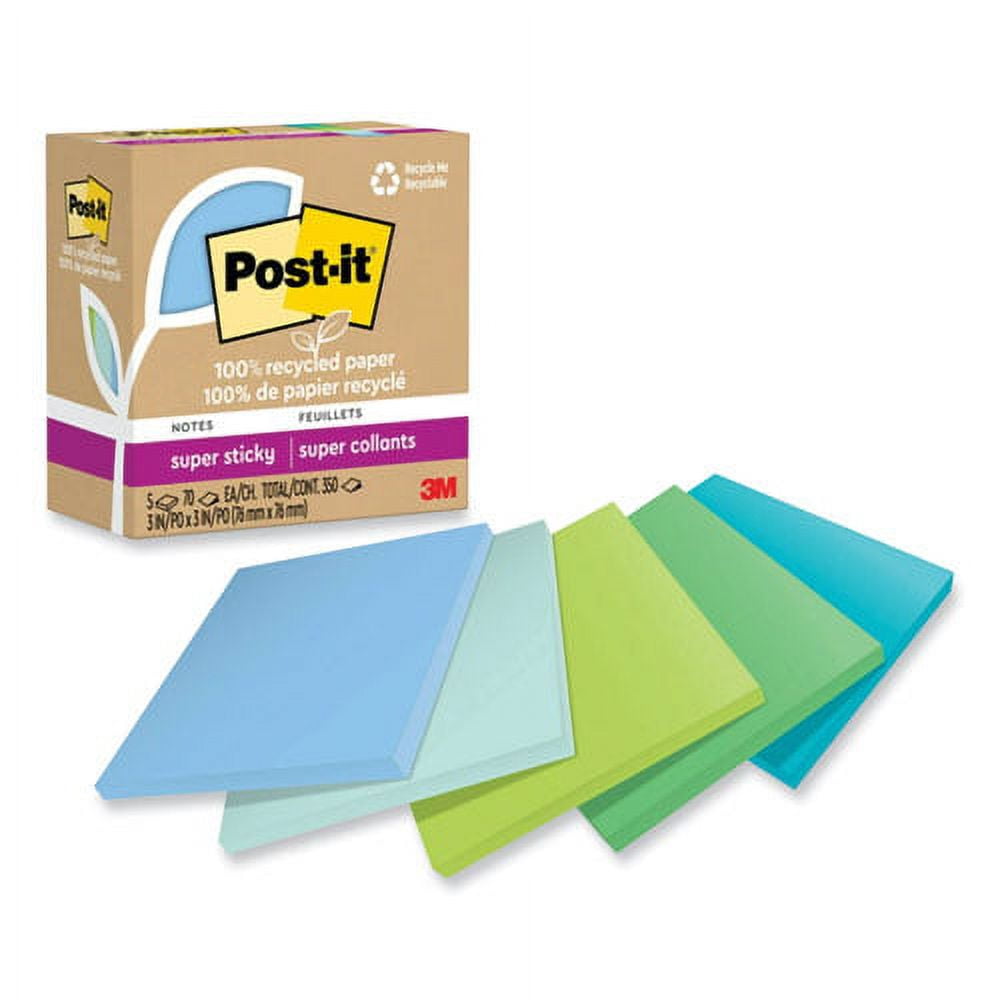 100% recycled paper super sticky notes, 3" x 3", oasis, 70 sheets/pad, 5 pads/pack | Bundle of 2 Packs