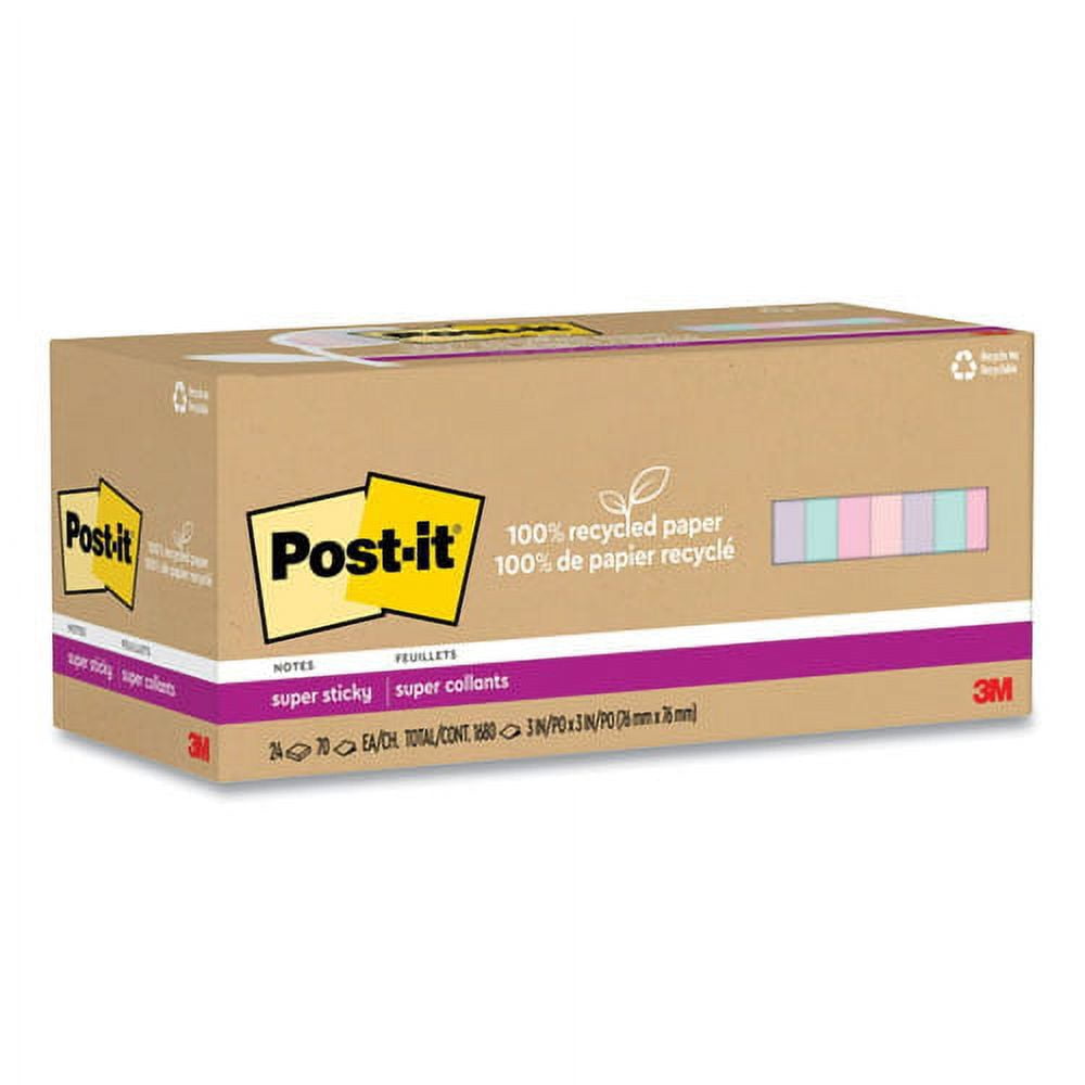 100% recycled paper super sticky notes, 3" x 3", wanderlust pastels, 70 sheets/pad, 24 pads/pack | Bundle of 2 Packs