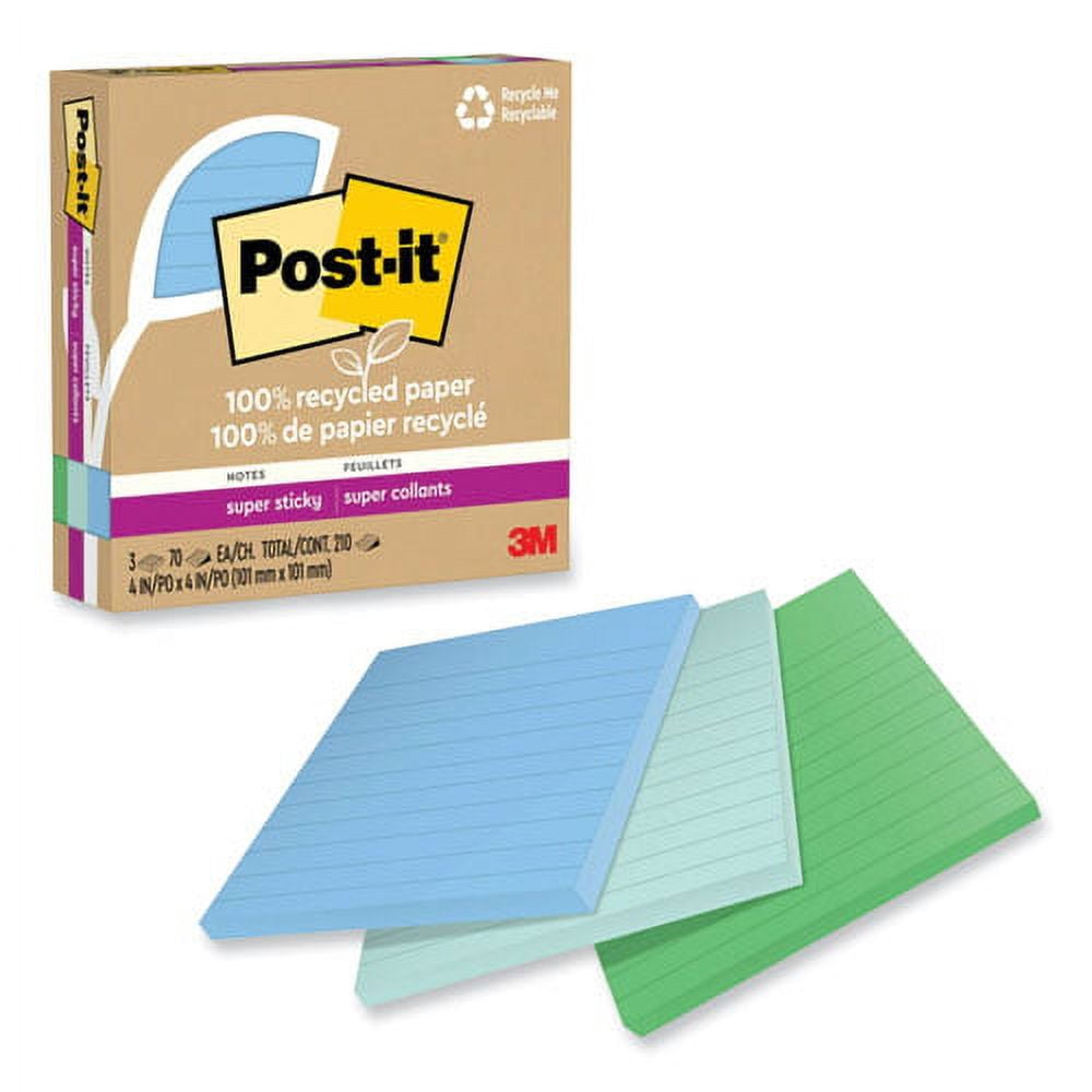 100% recycled paper super sticky notes, ruled, 4" x 4", oasis, 70 sheets/pad, 3 pads/pack | Bundle of 2 Packs