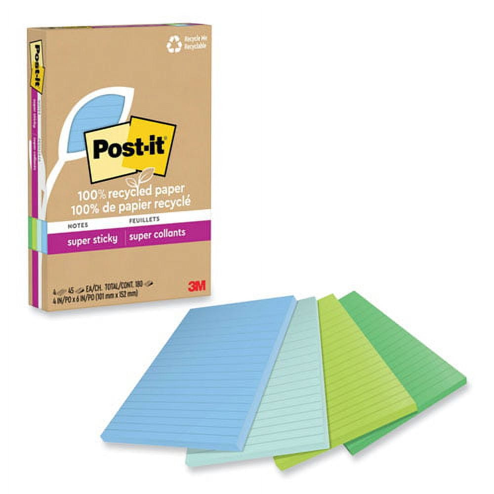 100% recycled paper super sticky notes, ruled, 4" x 6", oasis, 45 sheets/pad, 4 pads/pack | Bundle of 2 Packs