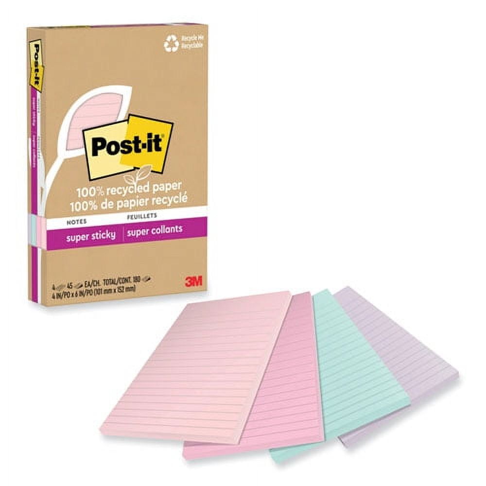 100% recycled paper super sticky notes, ruled, 4" x 6", wanderlust pastels, 45 sheets/pad, 4 pads/pack | Bundle of 10 Packs