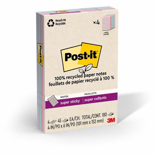 Post-it® Super Sticky Adhesive Note - 4" x 6" - Rectangle - 45 Sheets per Pad - Assorted Wanderlust Pastel - Repositionable - 4 / Pack | Bundle of 5 Packs