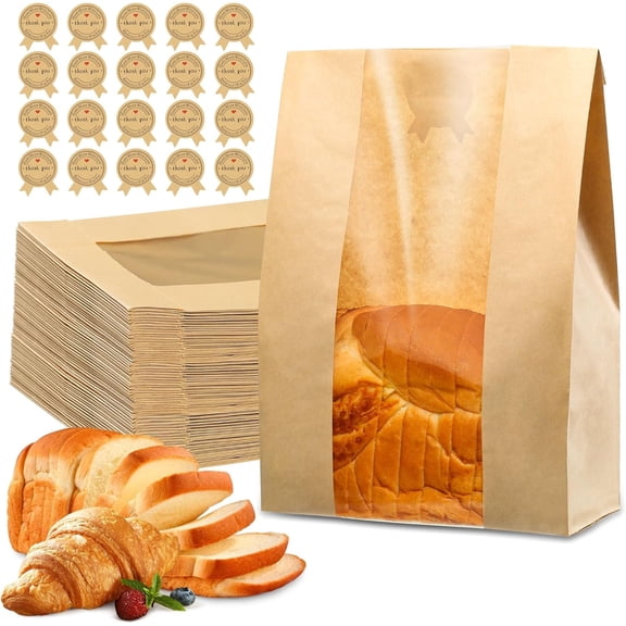 100 self-made bread bags, bread-specific paper bags with transparent windows, size 13.7x8.2x3.7 inches. suitable for storing cookies and snacks. Comes with 60 cute sealing stickers.