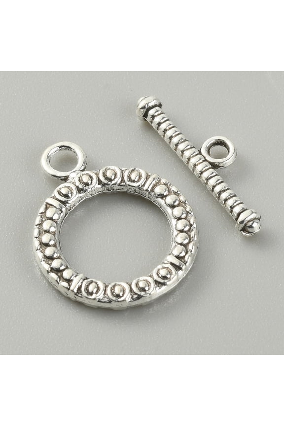 100 set Tibetan style Alloy Toggle Clasps Textured Ring Antique Silver Round: 21x16x2mm Inner Diameter: 11mm T-bar: 20x5.5x2.5mm Hole: 1.6mm 2pcs/set