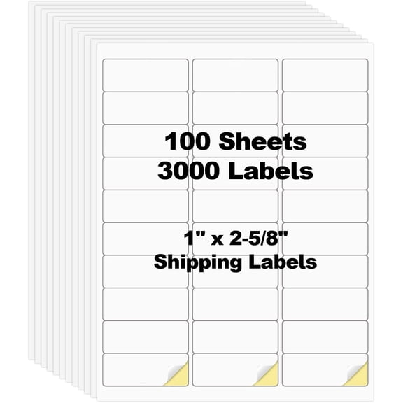 100 sheets of 3000 pieces of 1-inch by 2-5/8-inch shipping address barcode labels, suitable for laser and inkjet printers, 12.625-inch labels, each sheet has 30 return address labels, 30 per pag