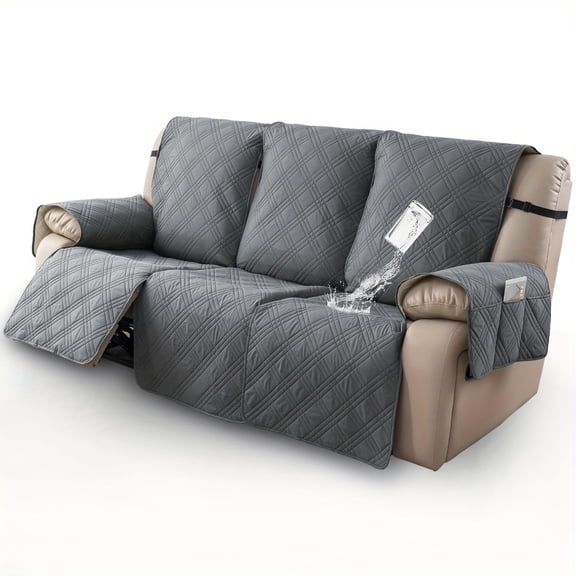 3-Seater Waterproof Non-Slip Recliner Sofa Cover with Side Pocket, for Bedroom Office Living Room, Elastic Adjustable Lounge Chaise Slipcover(DarkGrey)