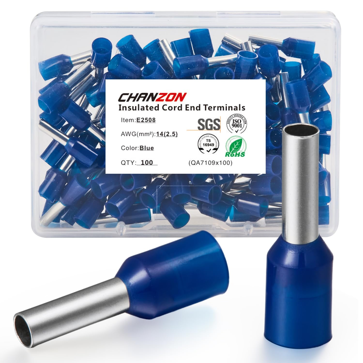 100 wire terminal connectors 14 (2.5²) wire 2508 terminal pure copper color blue insulation