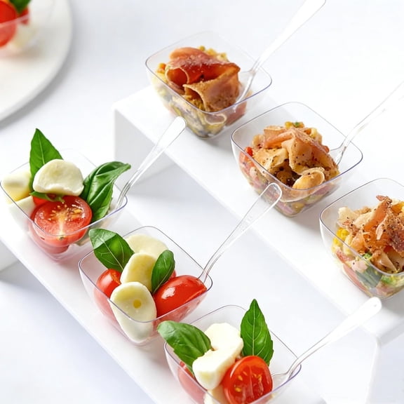 100 x 2 oz Mini Dessert Cups with Spoons, Clear Reusable Small Square Bowl Tiny Party Serving Plastic Cups for Individual Appetizers, Trifle, Hors D'oeuvres, Shrimp Cups